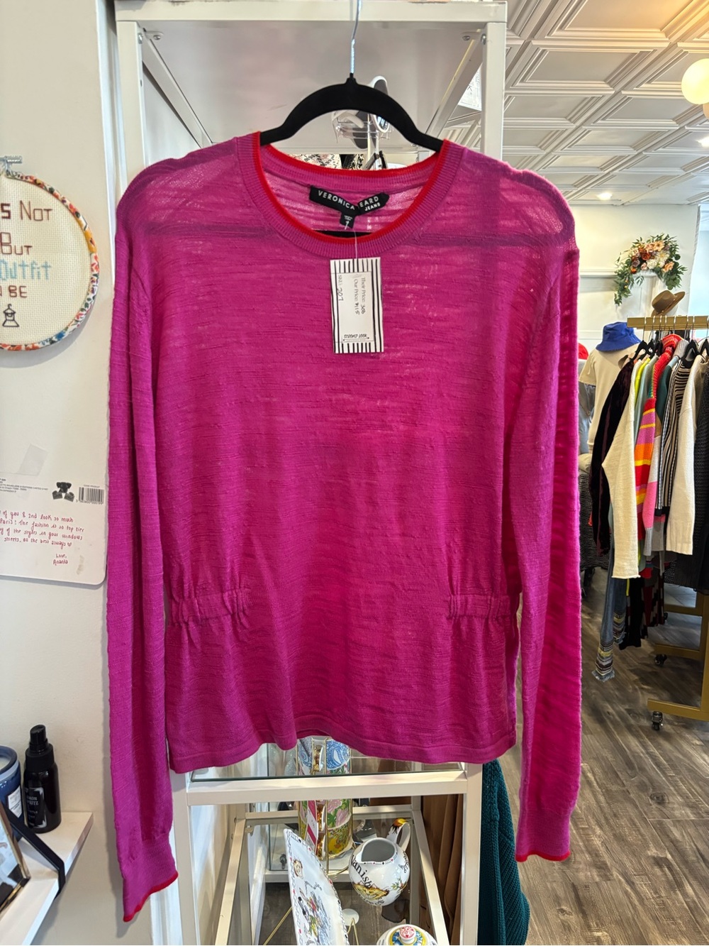 Veronica Beard Fuchsia Long-Sleeve sweater with Red Trim